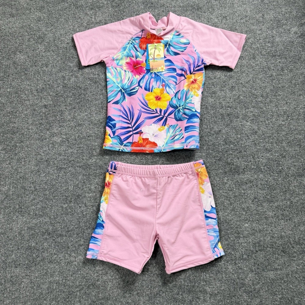 Girls Pink Hibiscus Rash Guard Swim Set 2pc Tropical Floral Swimsuit Size 8(ANS)